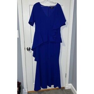 Badgley Mischka Dress Women's 16 Blue Peplum Maxi Gown Ruffle Short Sleeve